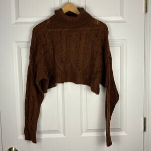 Cropped Turtleneck Cable Knit Sweater Beige Botany Fall Cottagecore Oversized S